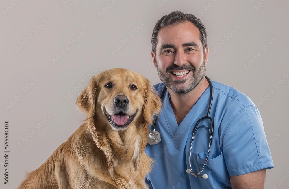 Smiling Veterinary Professional in Blue with Happy Golden Retriever - Generative AI Smiling Veterinary Professional in Blue with Happy Golden Retriever - Generative AI
