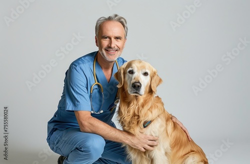 Smiling Veterinary Professional in Blue with Happy Golden Retriever - Generative AI