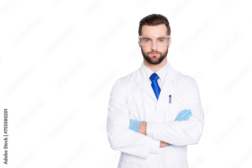 Portrait with copyspace, empty place of stylish handsome scientist with stubble in white outfit with tie having his arms crossed looking at camera isolated on grey background Portrait with copyspace, empty place of stylish handsome scientist with stubble in white outfit with tie having his arms crossed looking at camera isolated on grey background