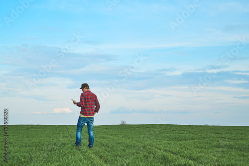 Rear view of male farmer standing in wheat seedling field and using mobile smartphone