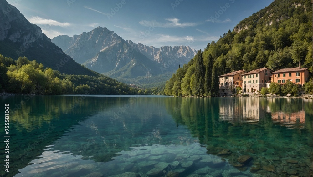 Fototapeta premium Tranquil Reflections: Exploring the Timeless Beauty of Fucine Lake