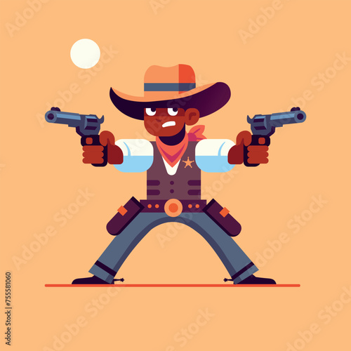 cartoon cowboy with guns, flat vector design