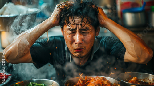 Asian man sweating on his forehead, in front of spicy food, photography 