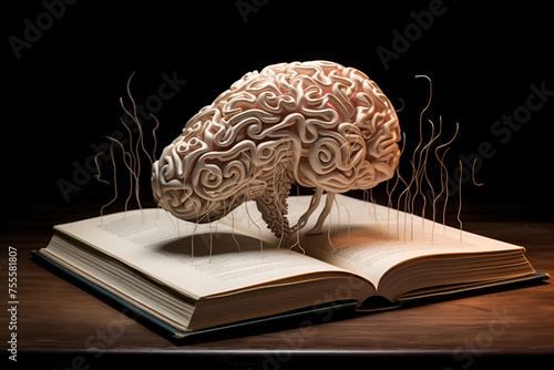 Human brain from open book. 3D abstract illustration. Concept of knowledge and learning, development of mind from reading books. AI Generative