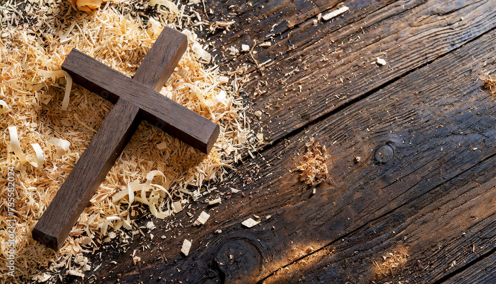 Closeup of a wooden religious cross and sawdust on a dark wooden background with copy space. Generative Ai.
