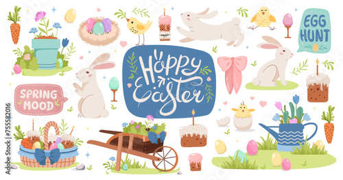 Happy Easter cartoon animal characters and garden elements set. Easter bunny, chickens, basket with.