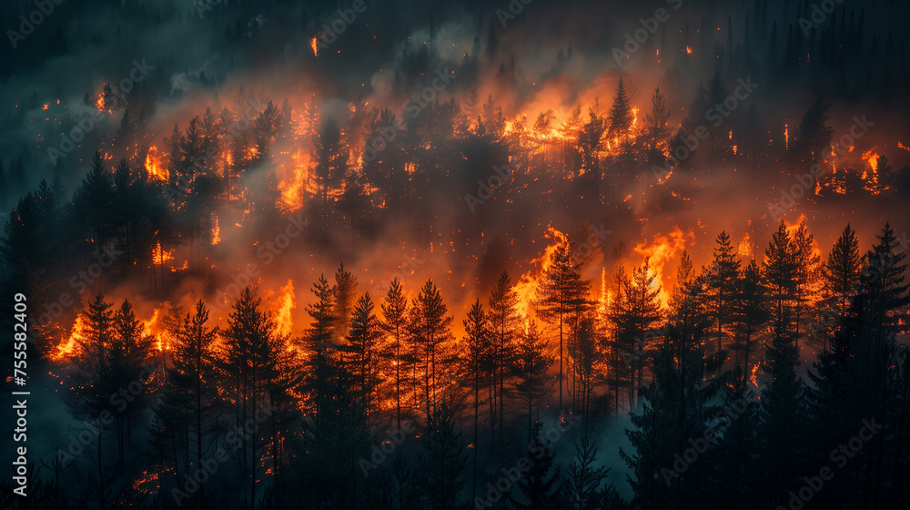 Intensive forest fire spreads rapidly, underscoring need for sustainable forest management - obrazy, fototapety, plakaty 