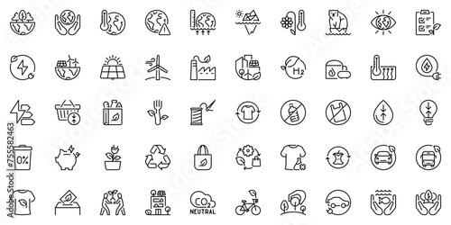 Line icons about ecology as green energy, zero waste, environmental sustainability and climate action. Editable stroke and pixel perfect.