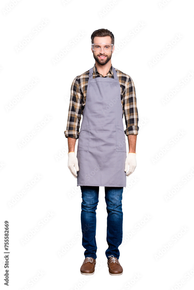 Full size, fullbody portrait of handsome attractive carpenter with hairstyle in safaty glasses jeans, looking at camera isolated on grey background Full size, fullbody portrait of handsome attractive carpenter with hairstyle in safaty glasses jeans, looking at camera isolated on grey background