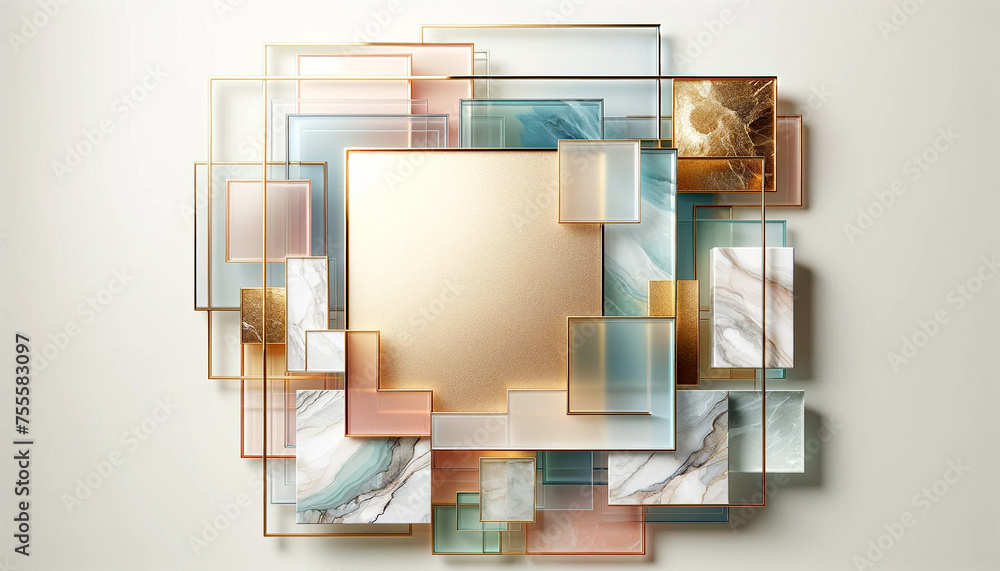 Abstract 3D illustration of geometric rectangles frosted glass, marble, gold overlay by soft pastel tone for background, decorative in concept luxury, modern, minimal. Abstract 3D illustration of geometric rectangles frosted glass, marble, gold overlay by soft pastel tone for background, decorative in concept luxury, modern, minimal.