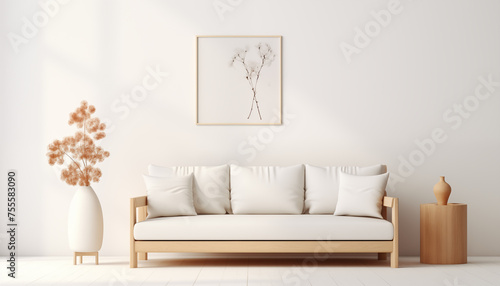 modern interior in Scandinavian style with a sofa and a fashionable vase on a white background. 
