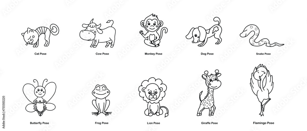 Set of animal yoga poses or asanas. Vector cartoon illustration in doodle style.