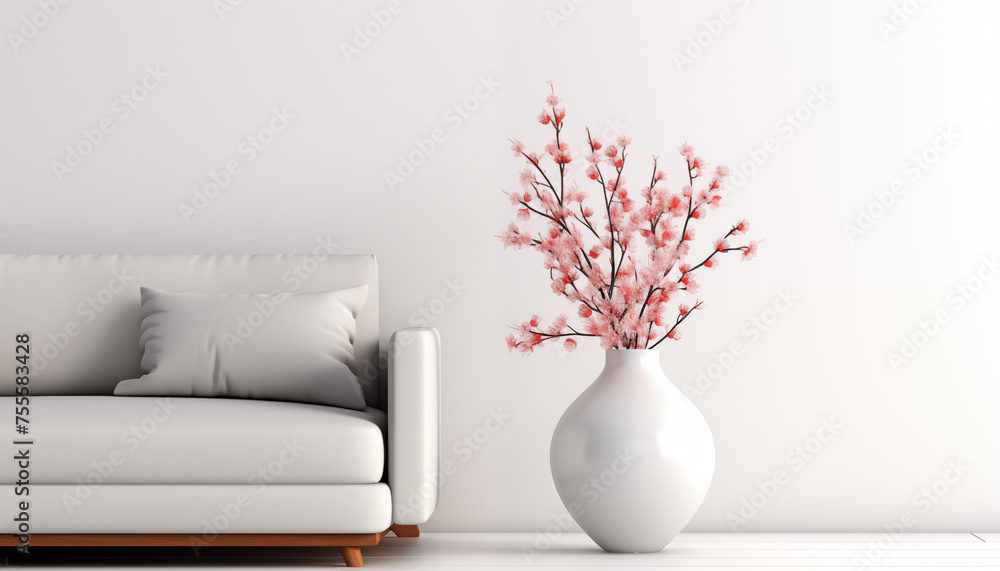 modern interior in Scandinavian style with a sofa and a fashionable vase on a white background. modern interior in Scandinavian style with a sofa and a fashionable vase on a white background.