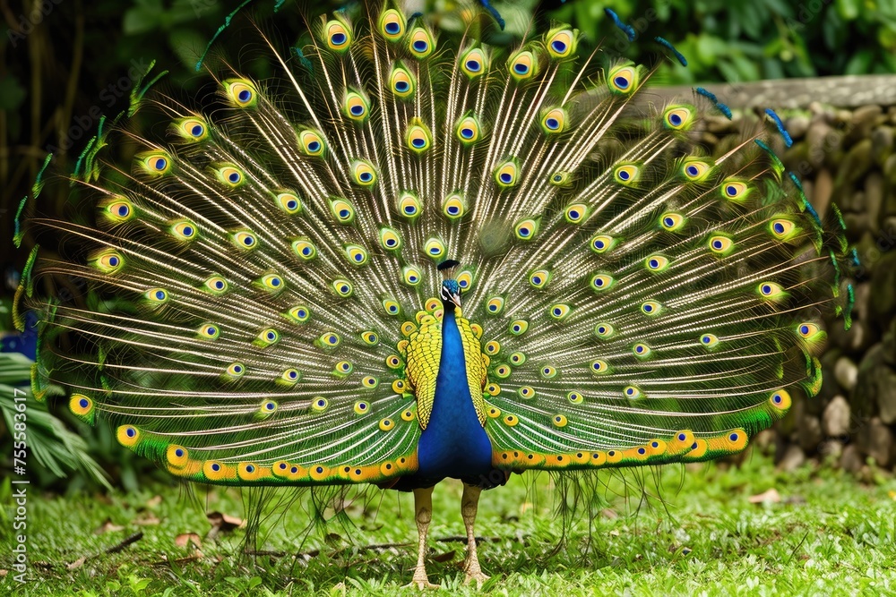 Obraz premium A majestic peacock displaying its colorful feathers in a royal garden