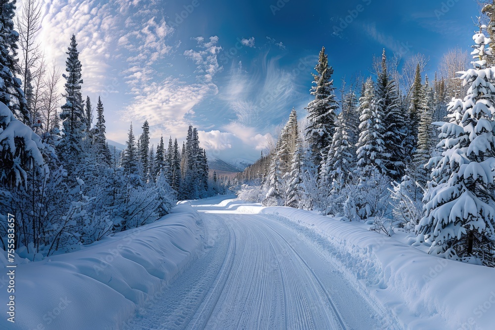 Fototapeta premium A panoramic view of a crosscountry skiing trail through a winter wonderland