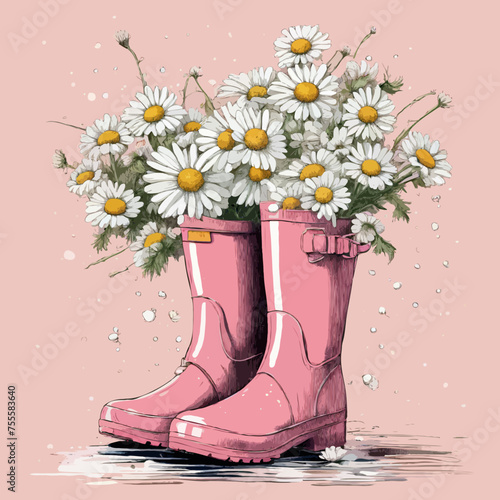 Ein bunter Blumenstrauß in rosa Gummistiefeln. trendiger Hintergrund für Tapeten, Poster, Karten, Einladungen, Websites.