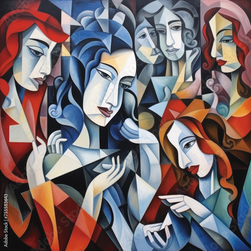 Cubist figures entwined in a silent conversation of shapes
