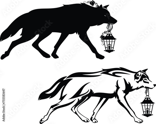 running fairy tale wolf carrying lamp with rose flowers side view outline and silhouette - black and white vector design of fantasy animal showing the way