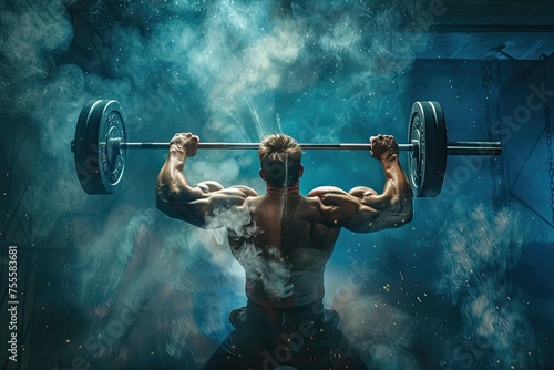 A powerful image of a weightlifter in the moment of lifting heavy weights photo
