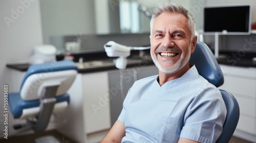 A happy smiling middle-aged man in dental clinic. Dentist, orthodontist, Teeth whitening, Brushing, Braces, Veneers, Caries treatment, pulpitis, periodontitis, Healthcare, Oral hygiene, teeth check-up