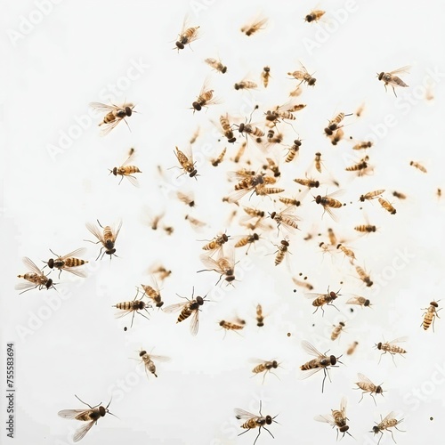 Swarm of Sand Flies Captured Against a White Background. Generative ai © Yevheniiya