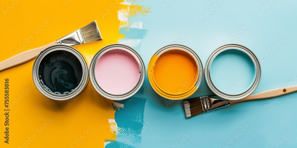 A set of paint brushes and paint cans are arranged on a yellow, pink A set of paint brushes and paint cans are arranged on a yellow, pink