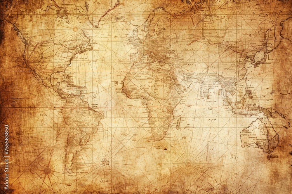 A vintage map background with sepia tones and faded edges - obrazy, fototapety, plakaty 