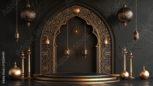 3D Islamic decoration, Iftar, Eid, lanterns, cannonballs, text space and podium with black gold style - generative ai © Nia™