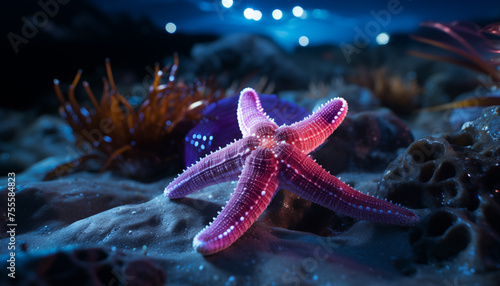 neon starfish on the ocean shore at night. neon background for design. © Juli Puli