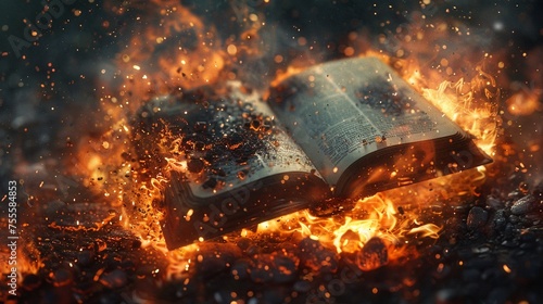 Pages of a book turning to ash in a fierce blaze symbolizing the devastating impact of censorship on freedom and wisdom. photo