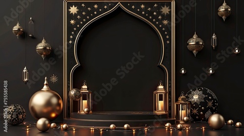 3D Islamic decoration  Iftar  Eid  lanterns  cannonballs  text space and podium with black gold style - generative ai