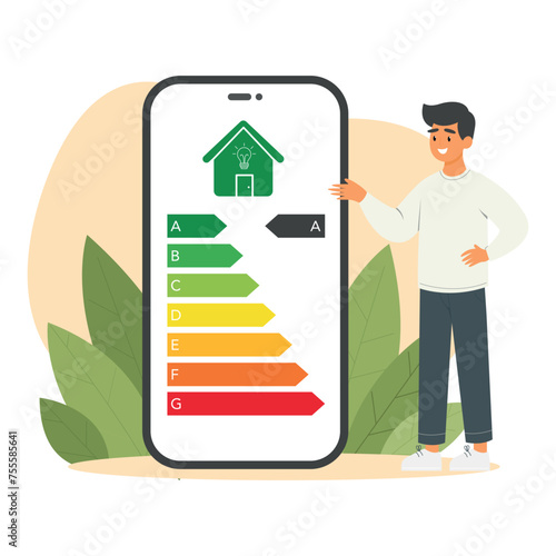 Man controls energy efficiency usage with mobile app. Energy rating class. Eco friendly energy consumption. Vector illustration.