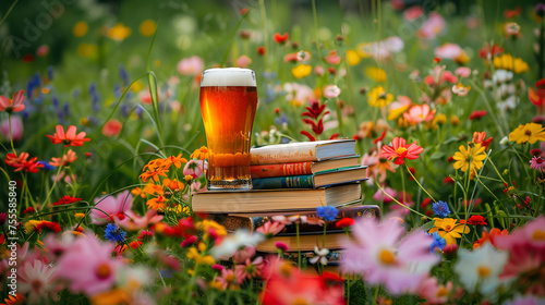 Aesthetic wide angle photograph of a pile of books and a beer pint glass at a field full of blooming colorful flowers. Product photography. Advertising. World book day.