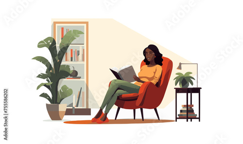 Girl reading book, sitting in armchair in living room. Young black woman in chair at home with literature. Businesswoman reader. Flat vector realistic illustration isolated on transparent background.
