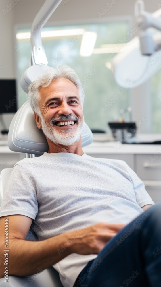 Fototapeta premium A mature smiling Man in a dental clinic. Dentist, orthodontist, Teeth whitening, Brushing, Braces, Veneers, Caries treatment, pulpitis, periodontitis, Healthcare, Oral hygiene, teeth check-up.
