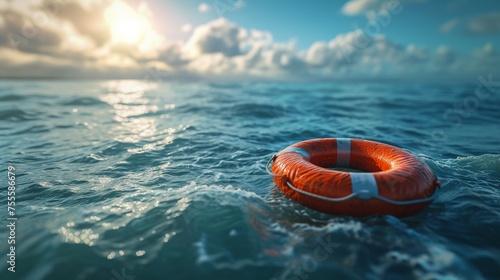 Orange life preserver floating in ocean on sunny day with clouds in background Safety at Sea Emergency Rescue Equipment