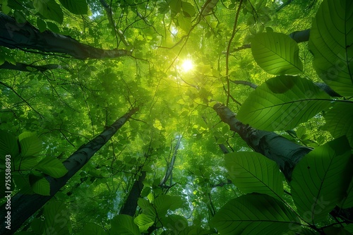 Sunshine in the verdant forest, Into the Jungle: Take in the verdant surroundings of a bamboo grove from a low vantage point, where towering trees provide a tranquil canopy, a close-up picture  photo