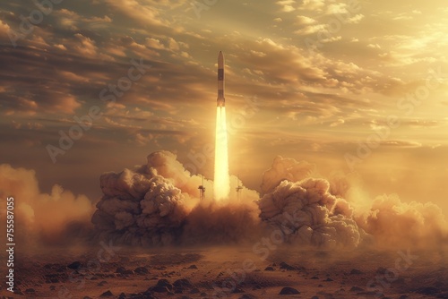 A rocket take off from its base, dust and smoke billowing.