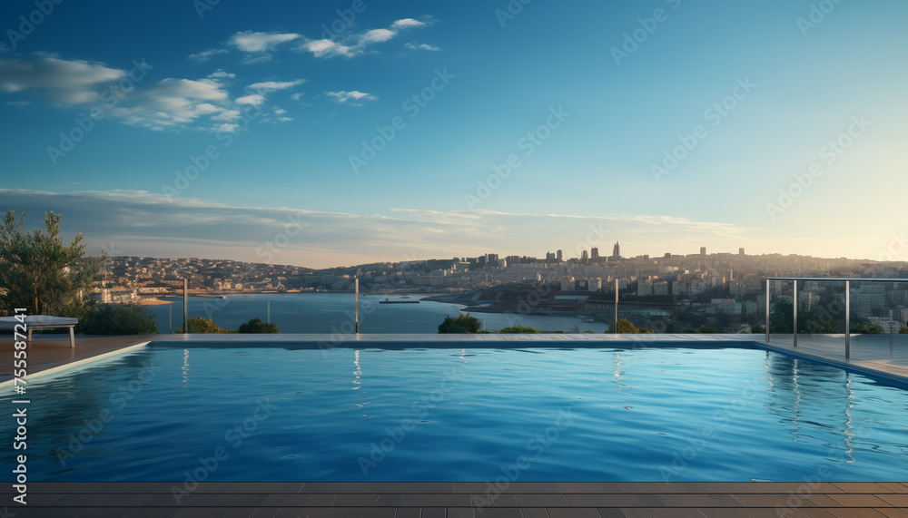 pool on the roof of a house against the backdrop of the city