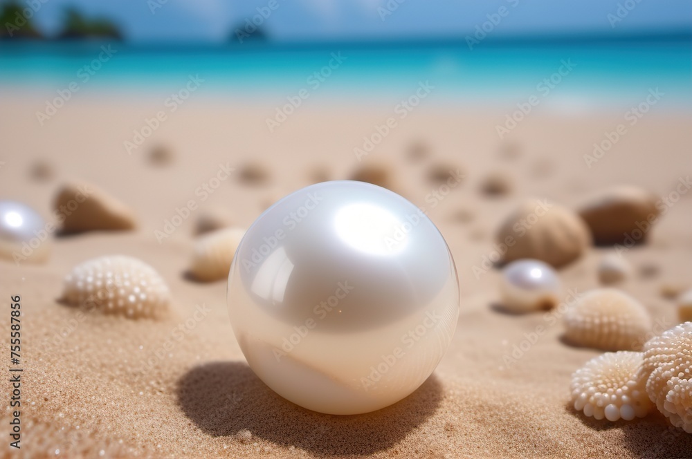Large white pearls on the sand near the sea. Large white pearls on the sand near the sea.