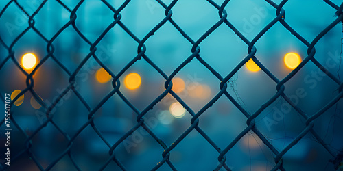 Closeup of a fence with a blurred cityscape in the background creating an urban, professional cage arena with spotlights martial arts sport, 