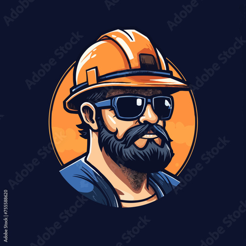 Contractor construction builder worker wearing a hard hat and sunglasses logo design illustration vector