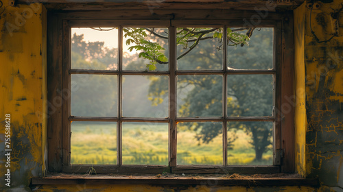 the abandoned house with window in the forest