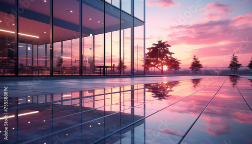 reflection of a pink sunset on the facade of a glass office buildin photo