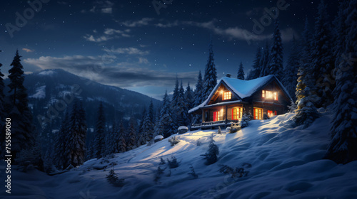 Night sky over snow-covered house in forest.