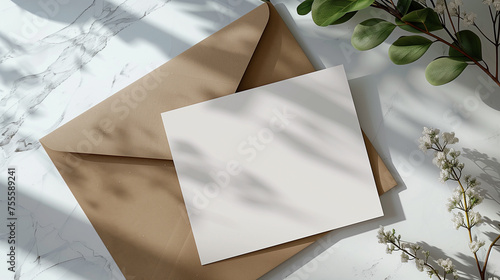 white blank card with kraft paper envelope on wooden background with flowers 