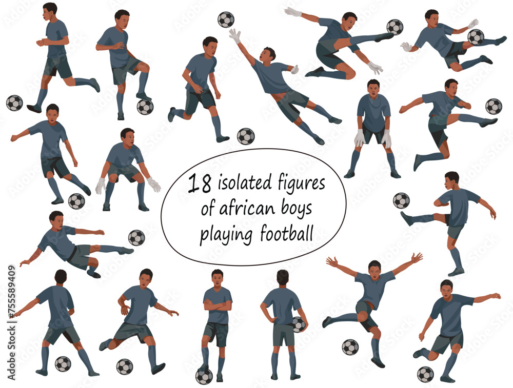 18 isolated figures of African junior football players team in black uniforms standing in the goal, running, hitting the ball, jumping