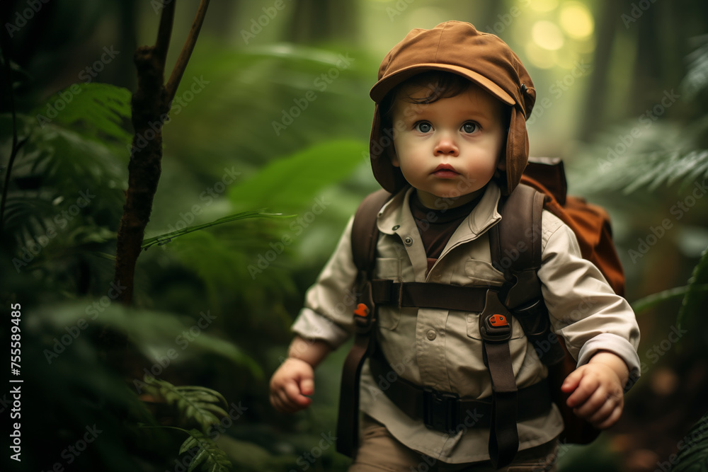 An adventurous baby eager to discover the world dressed as an adventurous explorer in the jungle