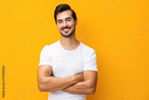 T-shirt man mockup portrait casual template studio white space shirt model clothing background lifestyle copy