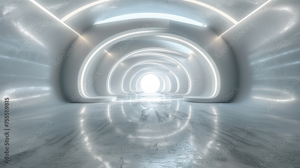 Obraz premium Illustration of a white circular room. Abstract architecture background. Futuristic minimal design. AI generative